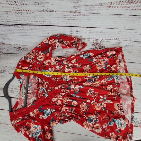 Red Floral Y2K Babydoll Ruffle Tunic Top M Flare Sleeves Boho Hippie Asymmetric - Picture 11 of 12